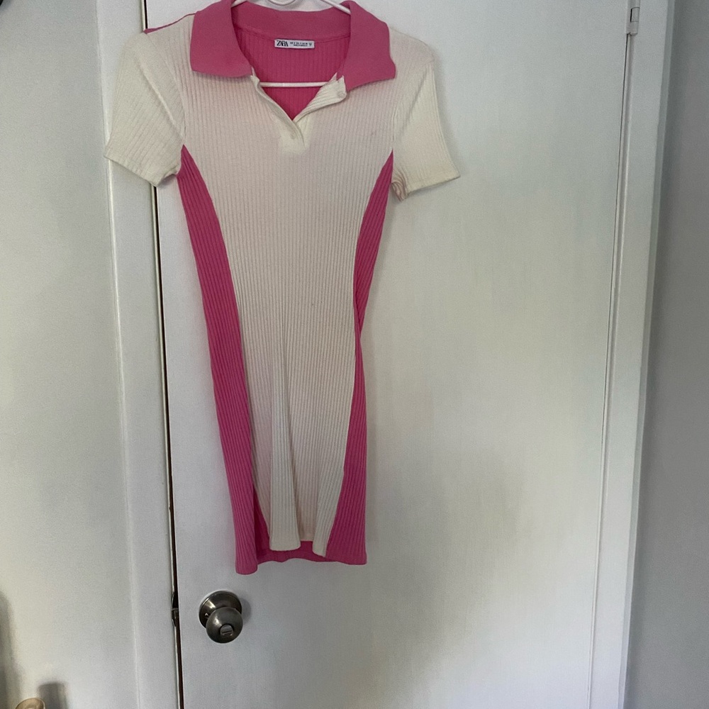 Zara Pink and Cream Ribbed Dress polo dress